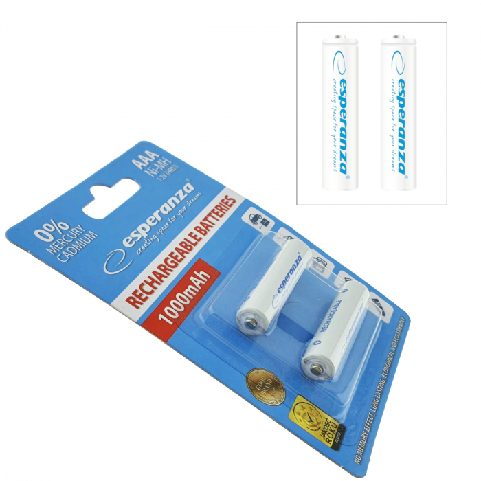 Set 2 acumulatori AAA (R3) Esperanza 92250, 1000mAh, Ni-MH, 1.2V, reincarcabili, albi [3]