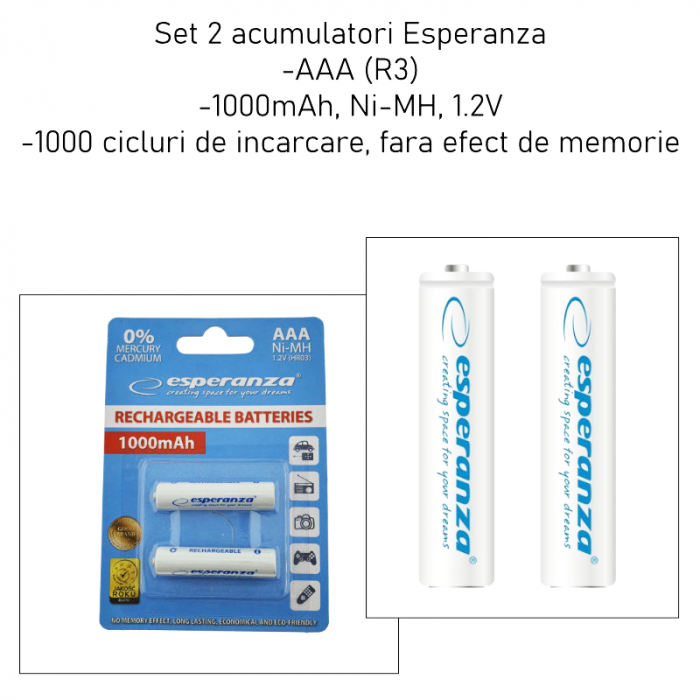 Set 2 acumulatori AAA (R3) Esperanza 92250, 1000mAh, Ni-MH, 1.2V, reincarcabili, albi [4]
