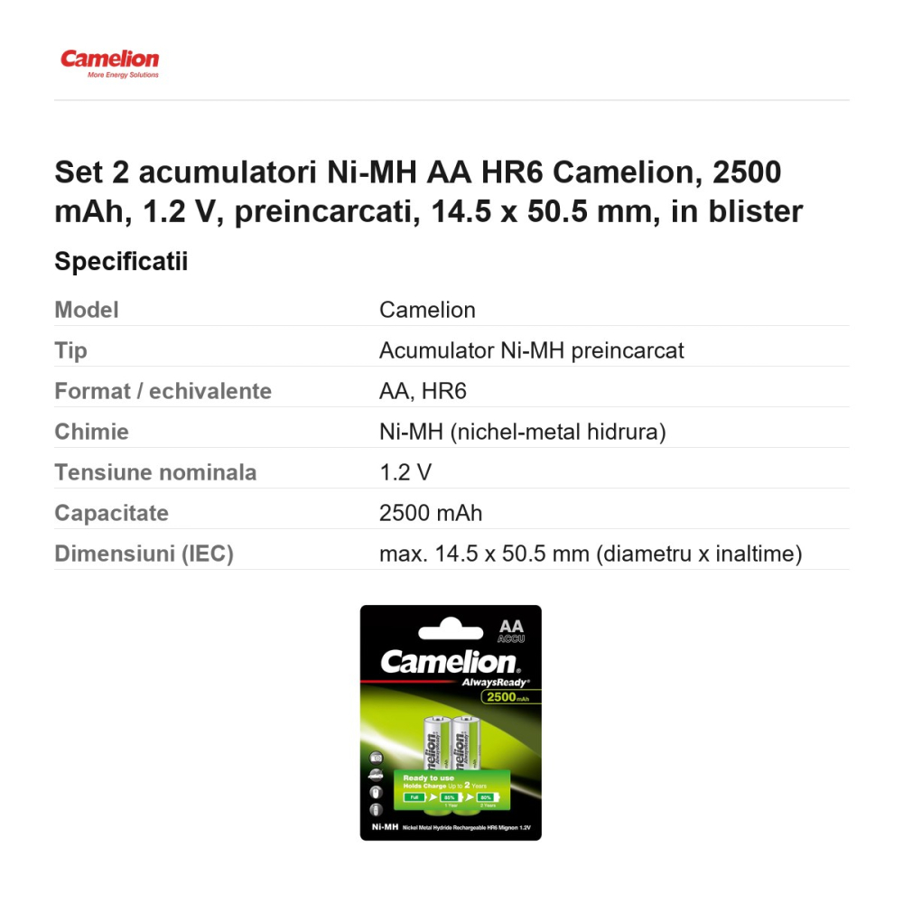 Set 2 acumulatori Ni-MH AA HR6 Camelion, 2500 mAh, 1.2 V, preincarcati, 14.5 x 50.5 mm, in blister [3]