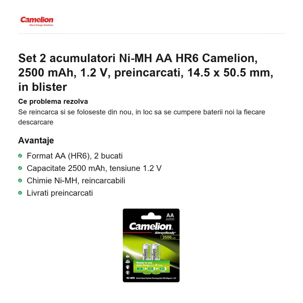 Set 2 acumulatori Ni-MH AA HR6 Camelion, 2500 mAh, 1.2 V, preincarcati, 14.5 x 50.5 mm, in blister [2]