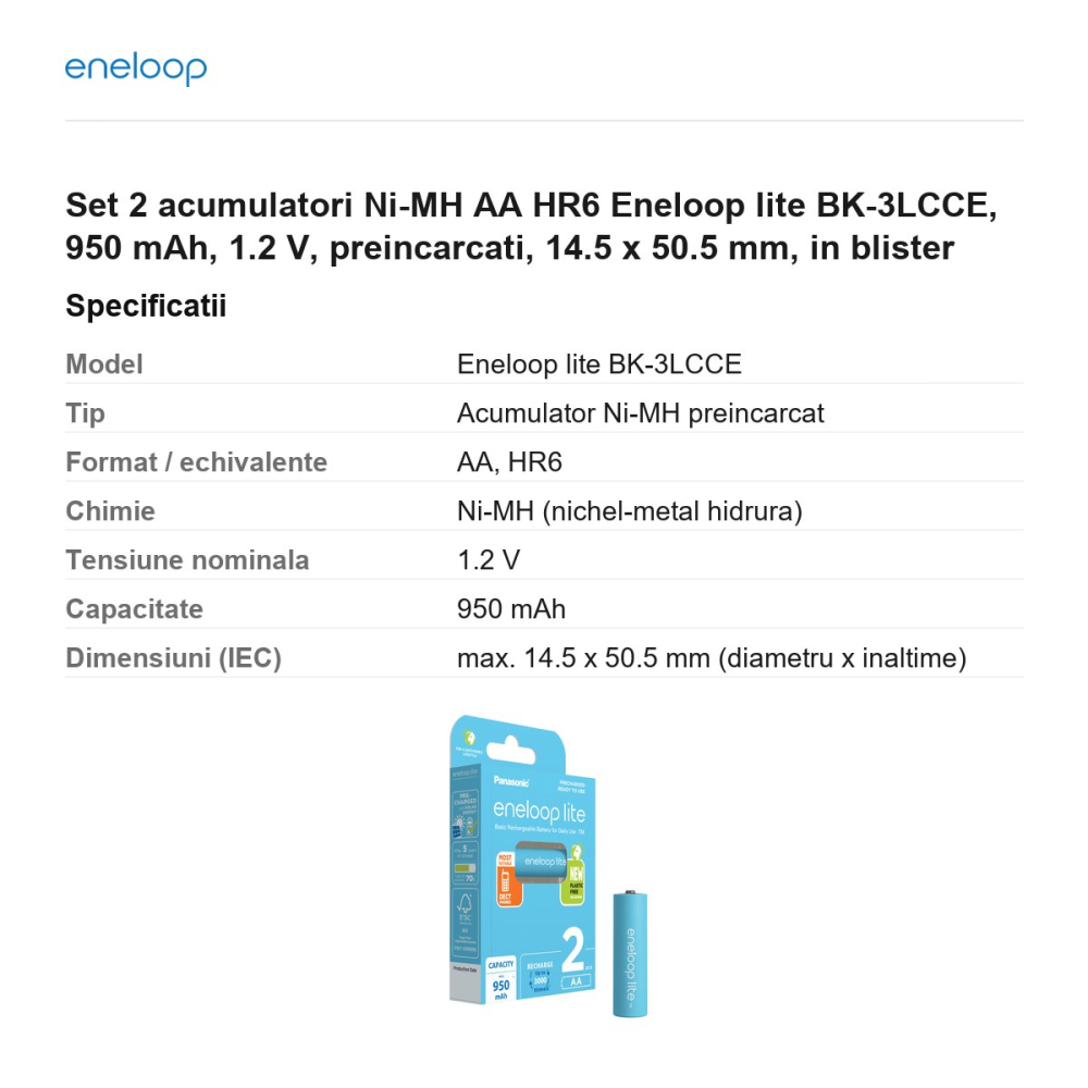 Set 2 acumulatori Ni-MH AA HR6 Eneloop lite BK-3LCCE, 950 mAh, 1.2 V, preincarcati, 14.5 x 50.5 mm, in blister [3]