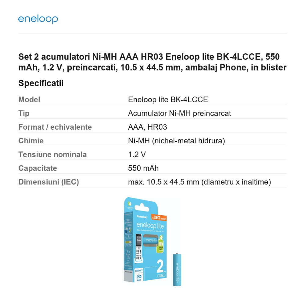 Set 2 acumulatori Ni-MH AAA HR03 Eneloop lite BK-4LCCE, 550 mAh, 1.2 V, preincarcati, 10.5 x 44.5 mm, ambalaj Phone, in blister [3]