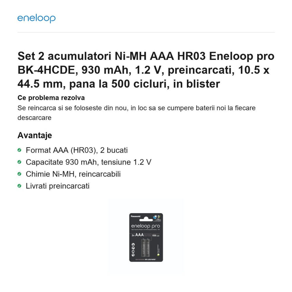 Set 2 acumulatori Ni-MH AAA HR03 Eneloop pro BK-4HCDE, 930 mAh, 1.2 V, preincarcati, 10.5 x 44.5 mm, pana la 500 cicluri, in blister [2]