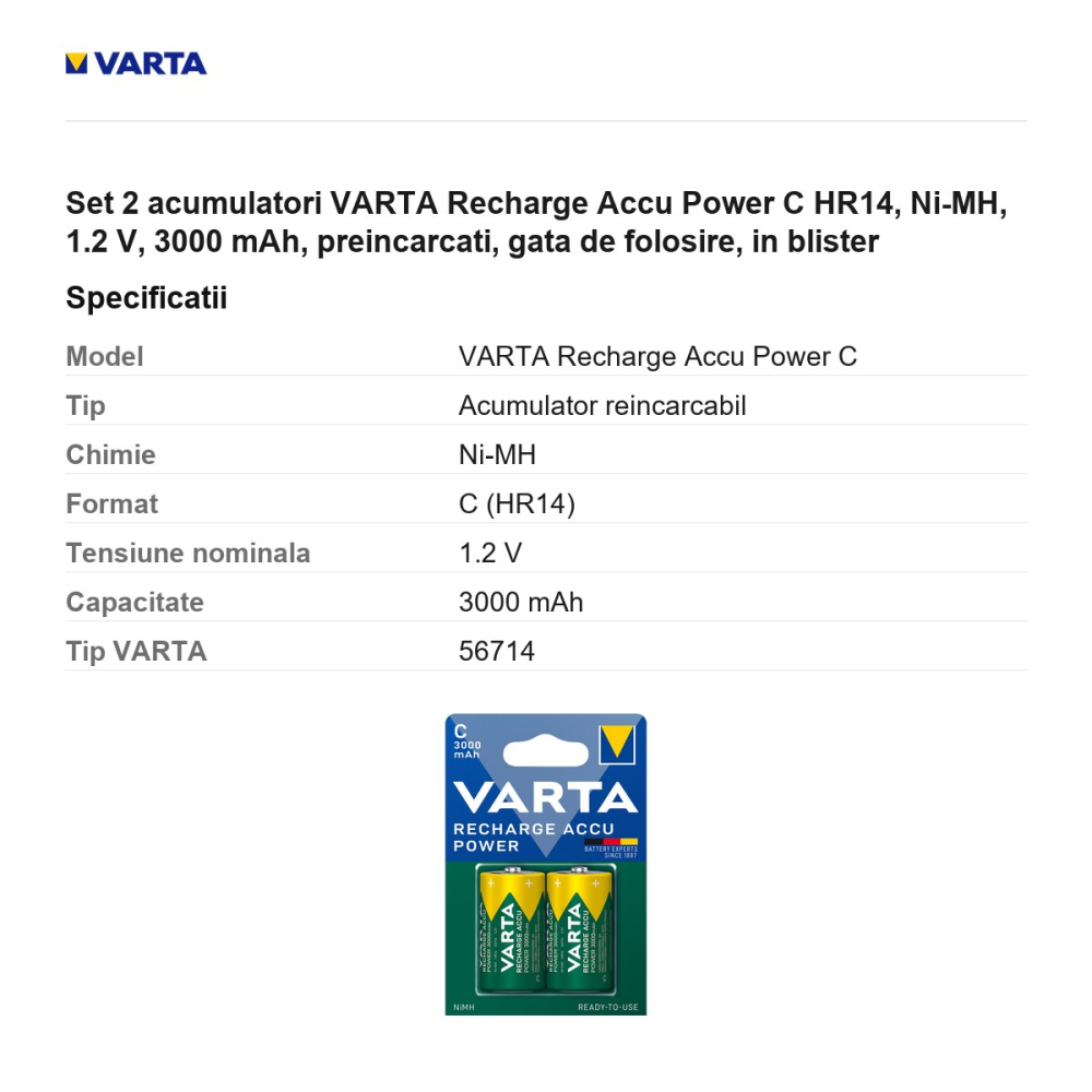 Set 2 acumulatori VARTA Recharge Accu Power C HR14, Ni-MH, 1.2 V, 3000 mAh, preincarcati, gata de folosire, in blister [3]