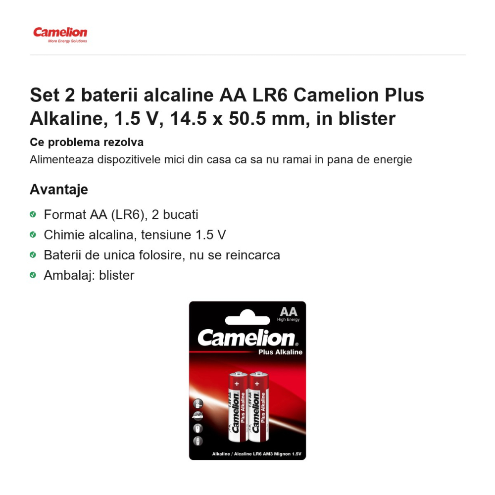 Set 2 baterii alcaline AA LR6 Camelion Plus Alkaline, 1.5 V, 14.5 x 50.5 mm, in blister [2]