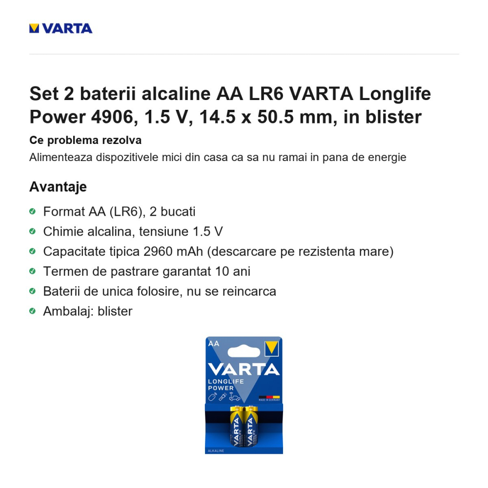 Set 2 baterii alcaline AA LR6 VARTA Longlife Power 4906, 1.5 V, 14.5 x 50.5 mm, in blister [2]