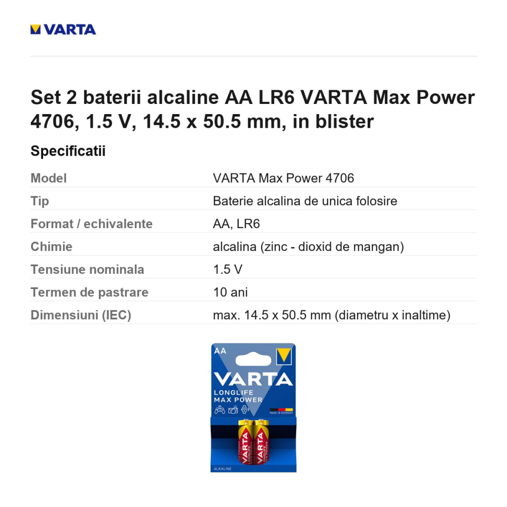 Set 2 baterii alcaline AA LR6 VARTA Max Power 4706, 1.5 V, 14.5 x 50.5 mm, in blister [3]