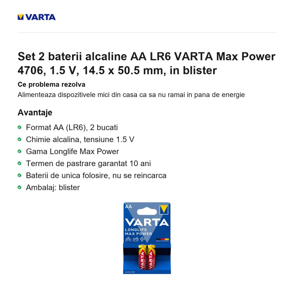 Set 2 baterii alcaline AA LR6 VARTA Max Power 4706, 1.5 V, 14.5 x 50.5 mm, in blister [2]