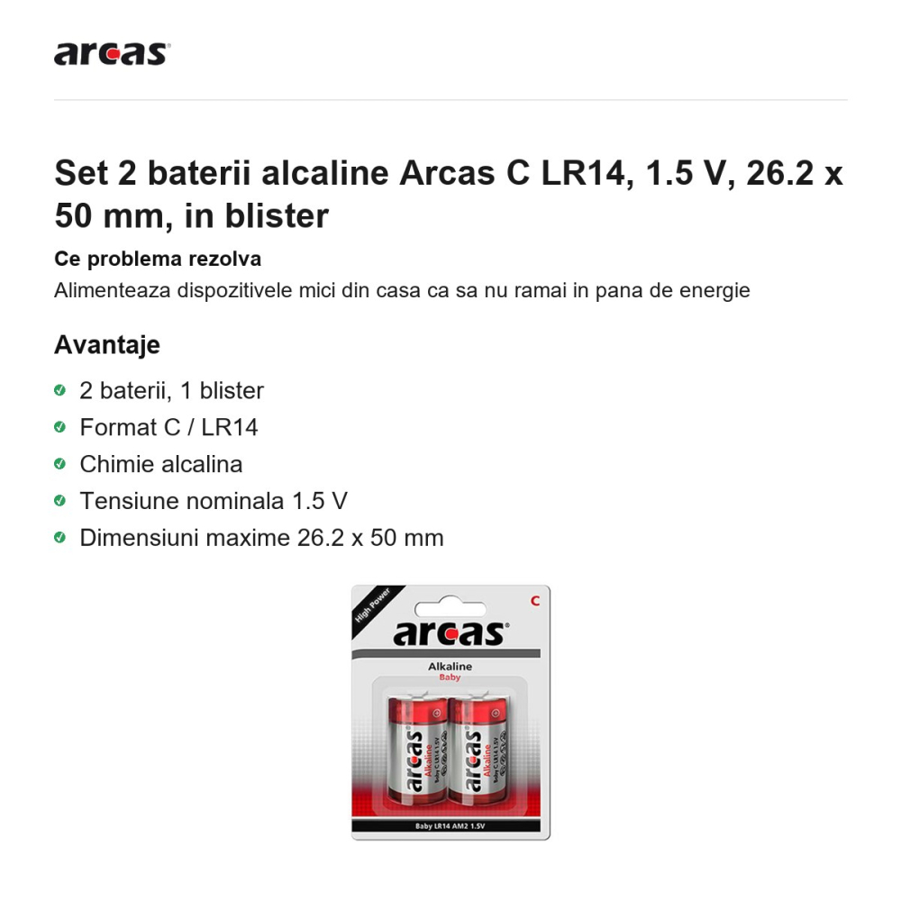 Set 2 baterii alcaline Arcas C LR14, 1.5 V, 26.2 x 50 mm, in blister [2]
