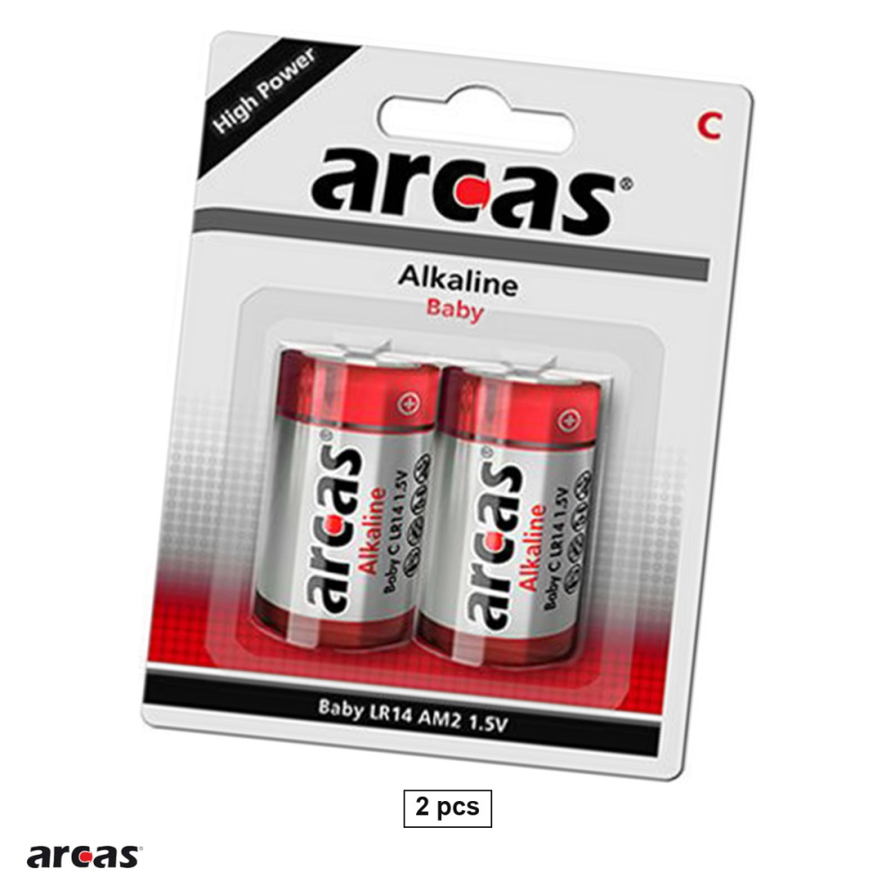 Set 2 baterii alcaline Arcas C LR14, 1.5 V, 26.2 x 50 mm, in blister [1]