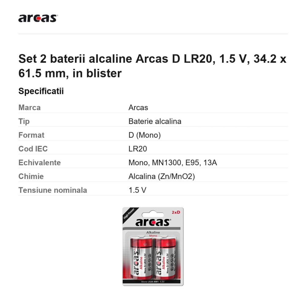 Set 2 baterii alcaline Arcas D LR20, 1.5 V, 34.2 x 61.5 mm, in blister [3]