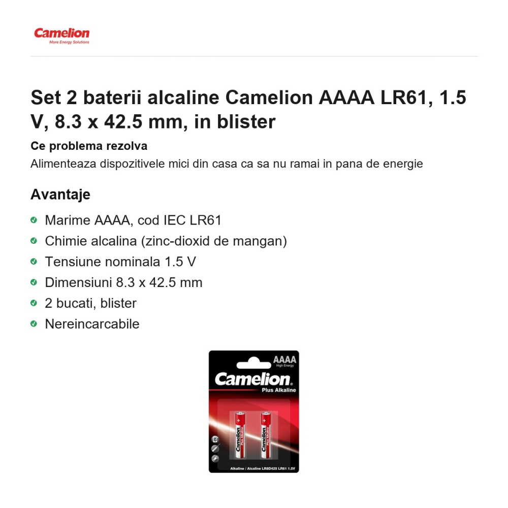 Set 2 baterii alcaline Camelion AAAA LR61, 1.5 V, 8.3 x 42.5 mm, in blister [2]