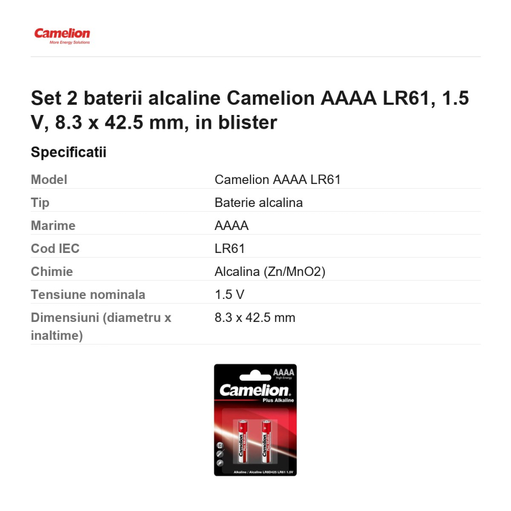 Set 2 baterii alcaline Camelion AAAA LR61, 1.5 V, 8.3 x 42.5 mm, in blister [3]