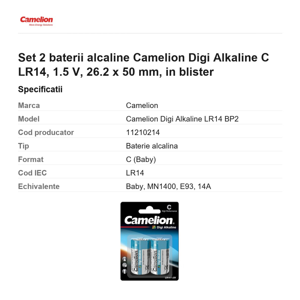 Set 2 baterii alcaline Camelion Digi Alkaline C LR14, 1.5 V, 26.2 x 50 mm, in blister [3]