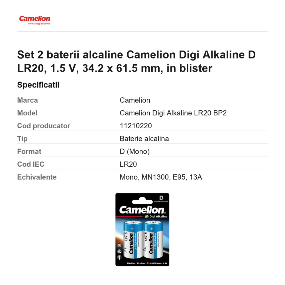 Set 2 baterii alcaline Camelion Digi Alkaline D LR20, 1.5 V, 34.2 x 61.5 mm, in blister [3]