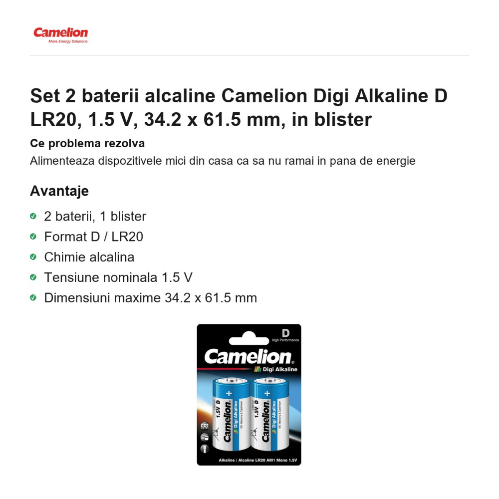 Set 2 baterii alcaline Camelion Digi Alkaline D LR20, 1.5 V, 34.2 x 61.5 mm, in blister [2]