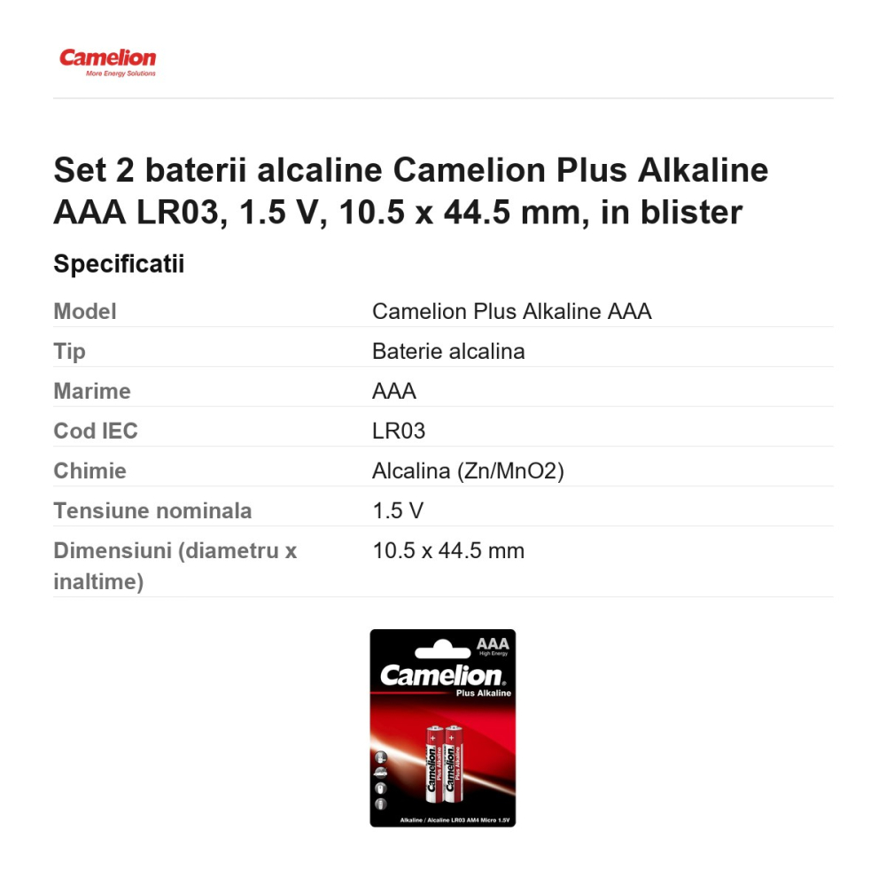 Set 2 baterii alcaline Camelion Plus Alkaline AAA LR03, 1.5 V, 10.5 x 44.5 mm, in blister [3]