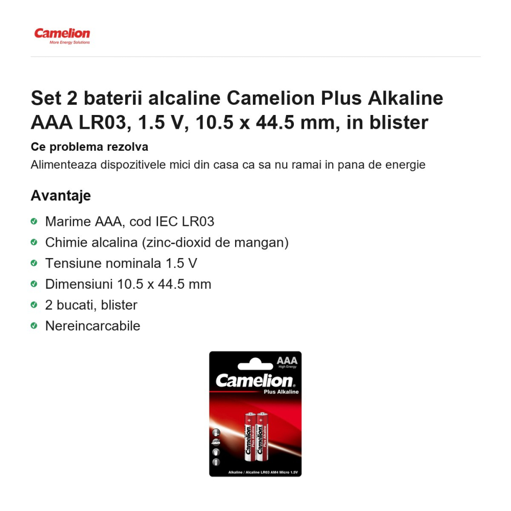 Set 2 baterii alcaline Camelion Plus Alkaline AAA LR03, 1.5 V, 10.5 x 44.5 mm, in blister [2]