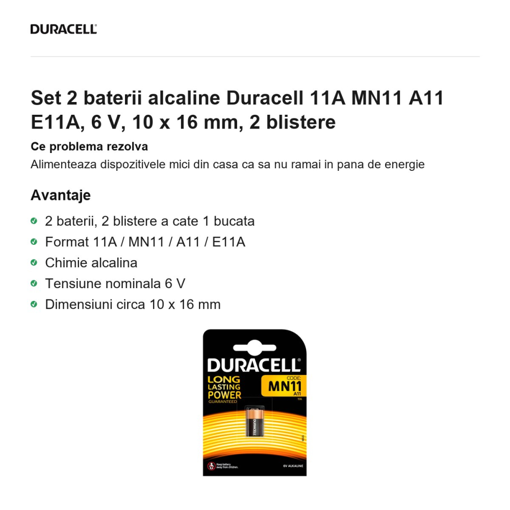 Set 2 baterii alcaline Duracell 11A MN11 A11 E11A, 6 V, 10 x 16 mm, 2 blistere [2]