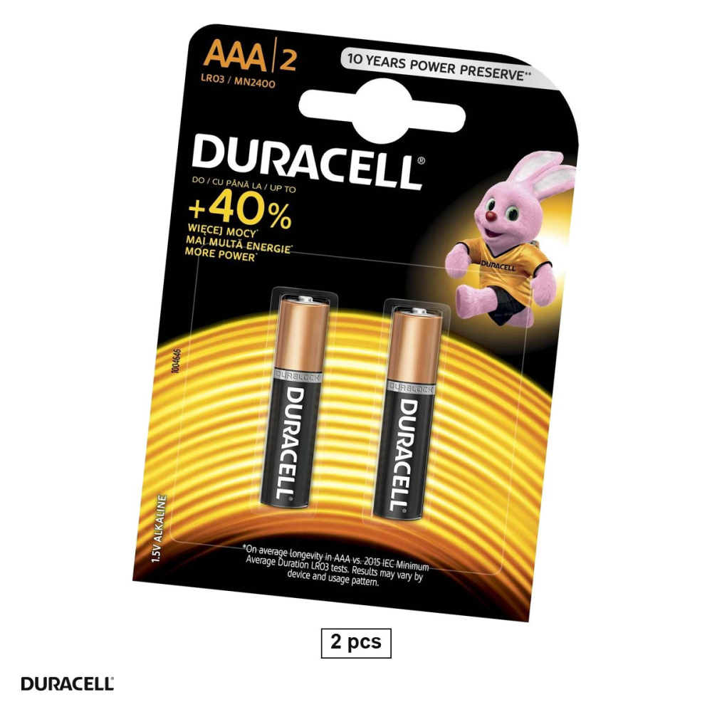 Set 2 baterii alcaline Duracell AAA LR03, 1.5 V, 10.5 x 44.5 mm, in blister [1]