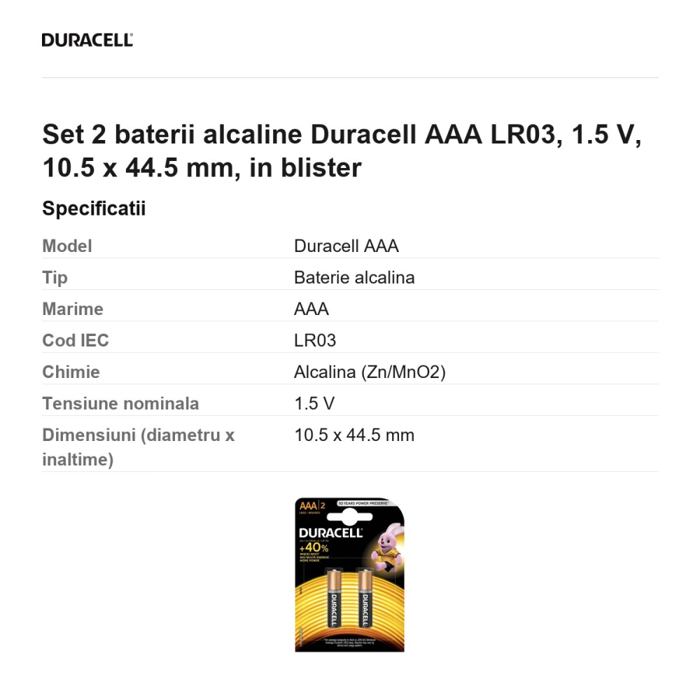 Set 2 baterii alcaline Duracell AAA LR03, 1.5 V, 10.5 x 44.5 mm, in blister [3]