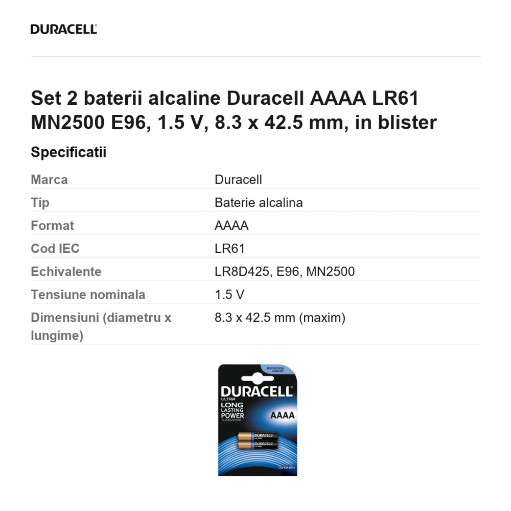 Set 2 baterii alcaline Duracell AAAA LR61 MN2500 E96, 1.5 V, 8.3 x 42.5 mm, in blister [3]