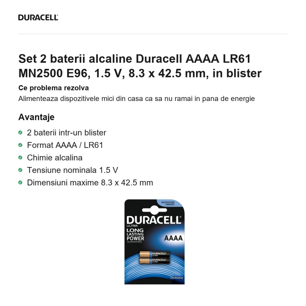 Set 2 baterii alcaline Duracell AAAA LR61 MN2500 E96, 1.5 V, 8.3 x 42.5 mm, in blister [2]