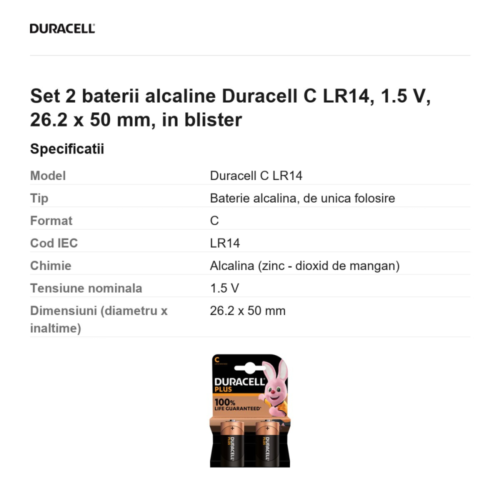 Set 2 baterii alcaline Duracell C LR14, 1.5 V, 26.2 x 50 mm, in blister [3]