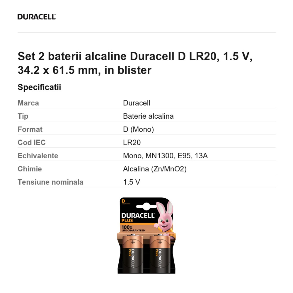 Set 2 baterii alcaline Duracell D LR20, 1.5 V, 34.2 x 61.5 mm, in blister [3]