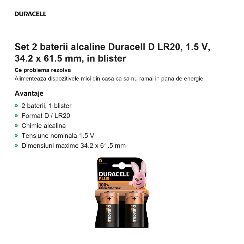 Set 2 baterii alcaline Duracell D LR20, 1.5 V, 34.2 x 61.5 mm, in blister [2]