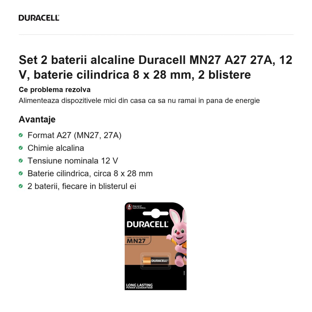 Set 2 baterii alcaline Duracell MN27 A27 27A, 12 V, baterie cilindrica 8 x 28 mm, 2 blistere [2]