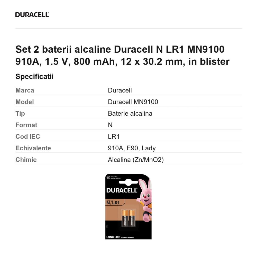 Set 2 baterii alcaline Duracell N LR1 MN9100 910A, 1.5 V, 800 mAh, 12 x 30.2 mm, in blister [3]