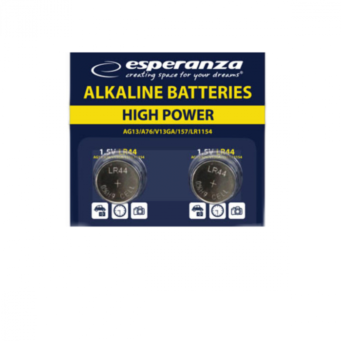 Set 2 baterii alcaline Esperanza LR44 (AG13 / A76), 1.5V, diametru 11.6mm, grosime 5.4mm, in blister [1]