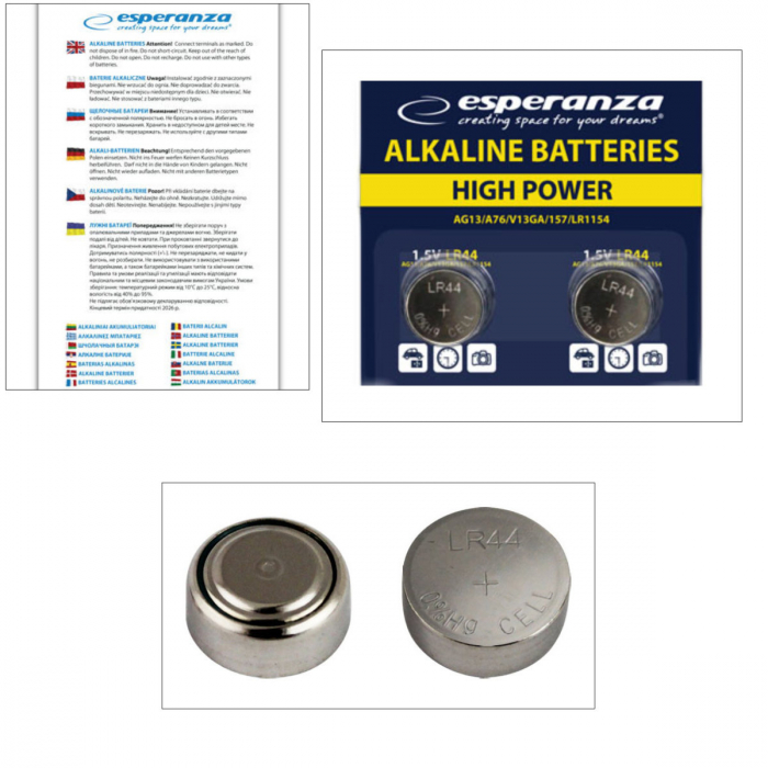 Set 2 baterii alcaline Esperanza LR44 (AG13 / A76), 1.5V, diametru 11.6mm, grosime 5.4mm, in blister [3]