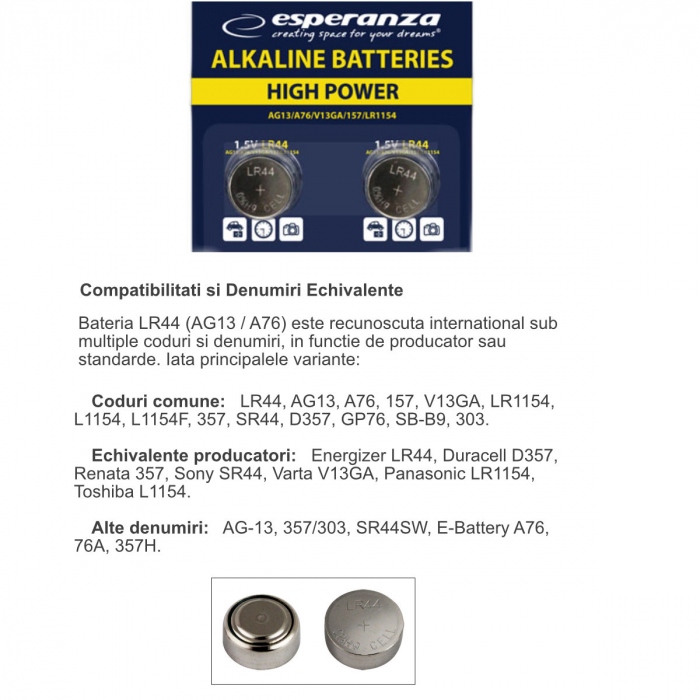 Set 2 baterii alcaline Esperanza LR44 (AG13 / A76), 1.5V, diametru 11.6mm, grosime 5.4mm, in blister [5]