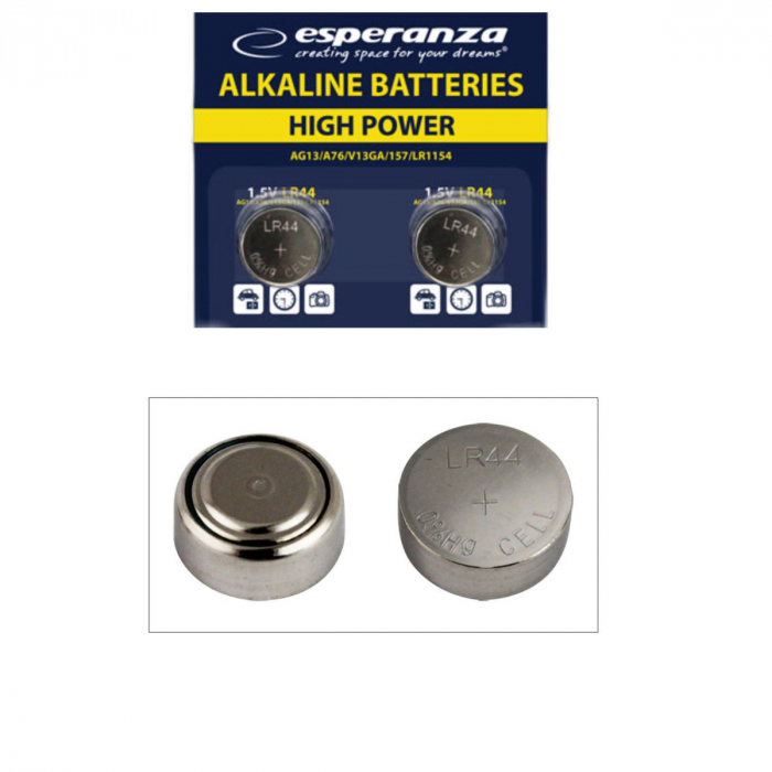 Set 2 baterii alcaline Esperanza LR44 (AG13 / A76), 1.5V, diametru 11.6mm, grosime 5.4mm, in blister [4]
