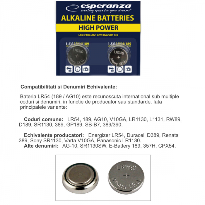Set 2 baterii alcaline Esperanza LR54 (189 / AG10), 1.5V, diametru 11.6mm, grosime 3.05mm, in blister [5]