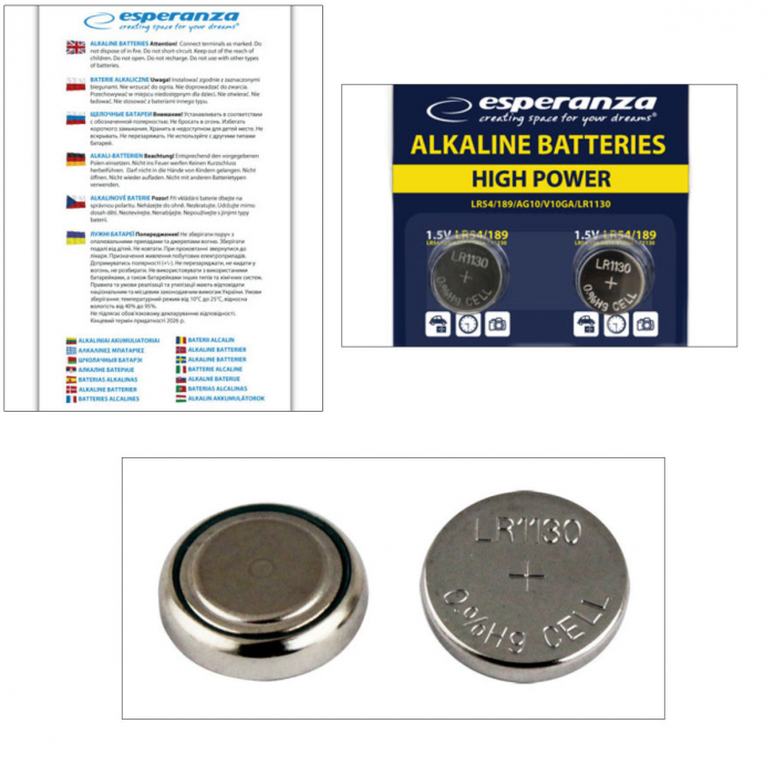 Set 2 baterii alcaline Esperanza LR54 (189 / AG10), 1.5V, diametru 11.6mm, grosime 3.05mm, in blister [3]
