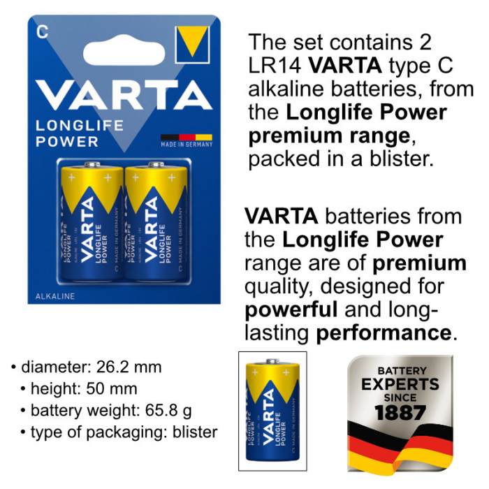 Set 2 baterii alcaline LR14, Varta Longlife Power C, 1.5V, in blister [5]