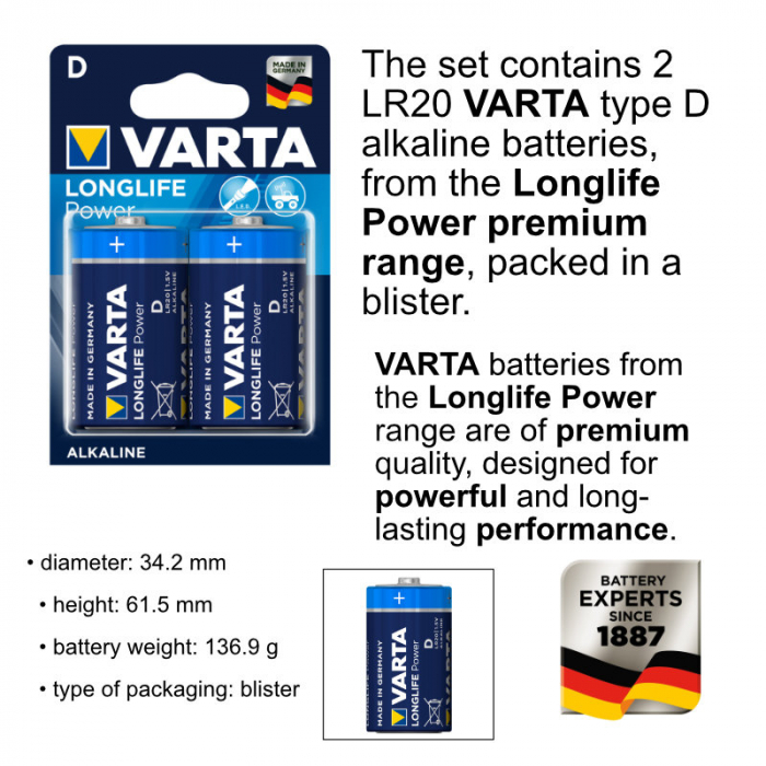 Baterii alcaline R20, D, Varta Long Life Power, blister 2 baterii [5]