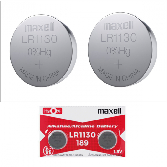 Set 2 baterii alcaline Maxell LR1130 / AG10 (289), 1.5V, diametru 11.6mm, grosime 5.4mm, low drain, in blister [3]