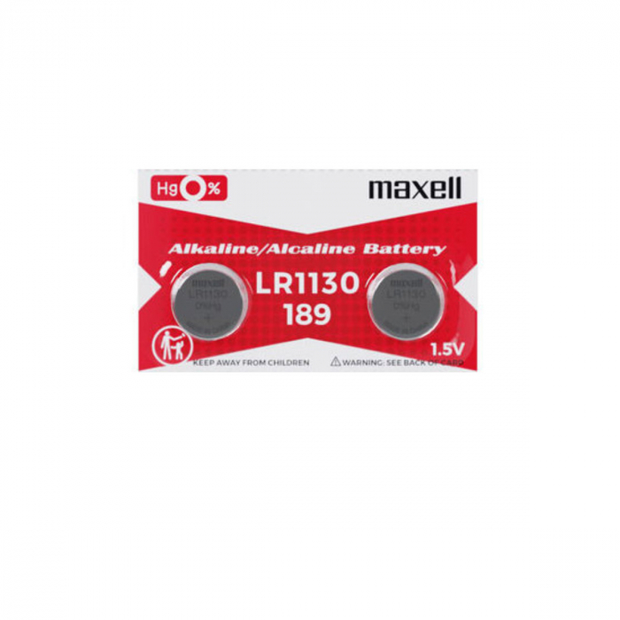 Set 2 baterii alcaline Maxell LR1130 / AG10 (289), 1.5V, diametru 11.6mm, grosime 5.4mm, low drain, in blister [1]
