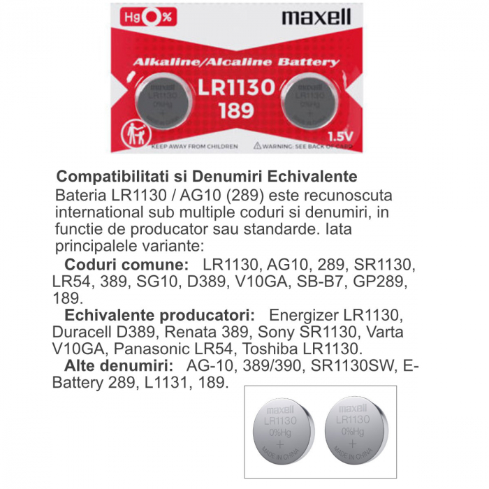 Set 2 baterii alcaline Maxell LR1130 / AG10 (289), 1.5V, diametru 11.6mm, grosime 5.4mm, low drain, in blister [4]