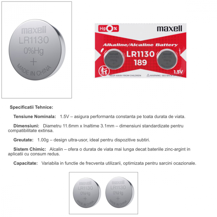 Set 2 baterii alcaline Maxell LR1130 / AG10 (289), 1.5V, diametru 11.6mm, grosime 5.4mm, low drain, in blister [5]