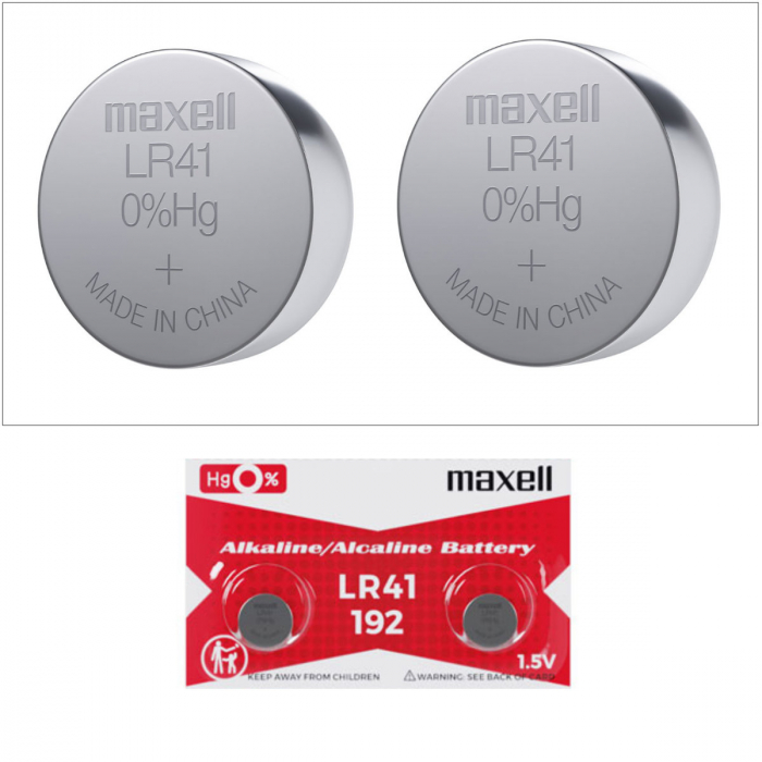 Set 2 baterii alcaline Maxell LR41 / AG3 (192), 1.5V, diametru 7.9mm, grosime 3.6mm, medium drain, in blister [3]