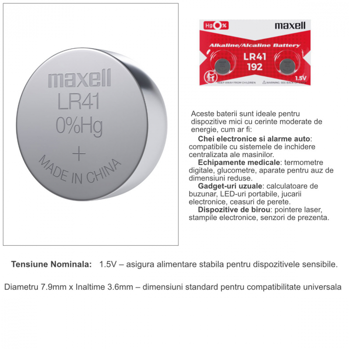 Set 2 baterii alcaline Maxell LR41 / AG3 (192), 1.5V, diametru 7.9mm, grosime 3.6mm, medium drain, in blister [4]