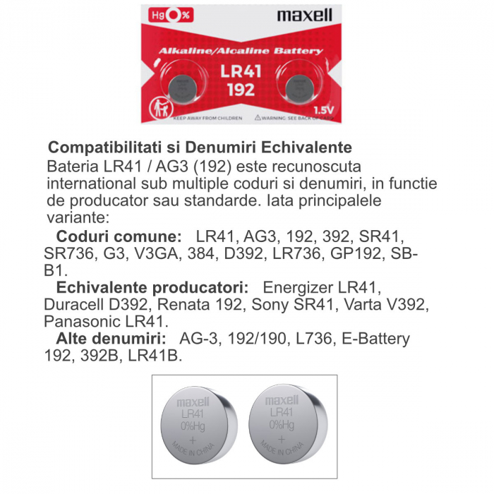 Set 2 baterii alcaline Maxell LR41 / AG3 (192), 1.5V, diametru 7.9mm, grosime 3.6mm, medium drain, in blister [5]
