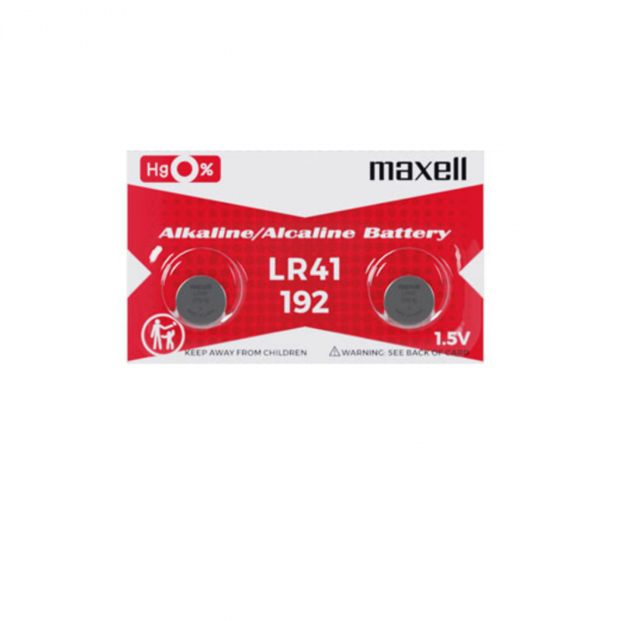 Set 2 baterii alcaline Maxell LR41 / AG3 (192), 1.5V, diametru 7.9mm, grosime 3.6mm, medium drain, in blister [1]