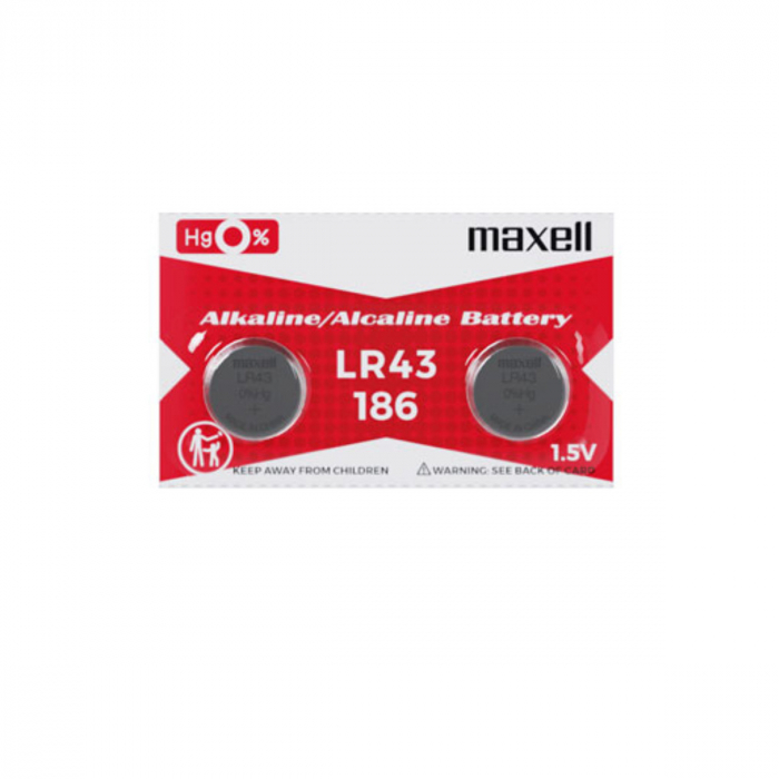 Set 2 baterii alcaline Maxell LR43 / AG12 (186), 1.5V, diametru 11.6mm, grosime 4.2mm, medium drain, in blister [1]