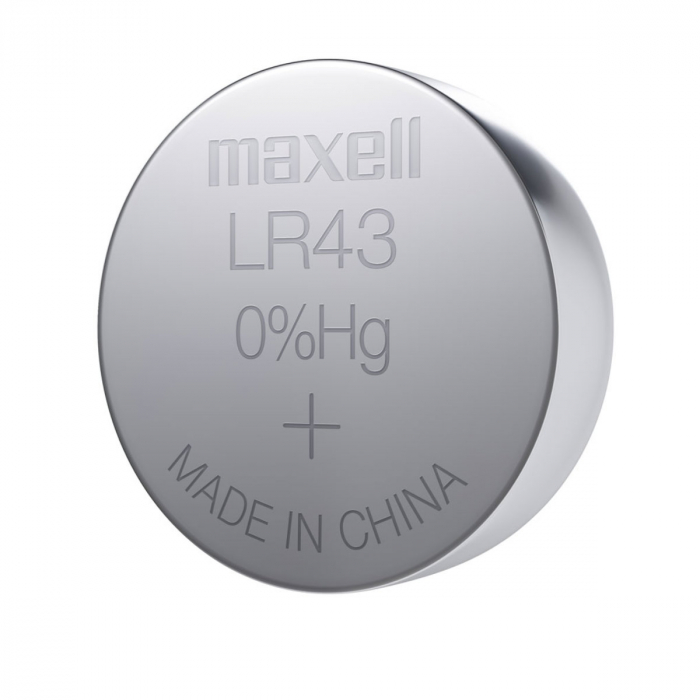 Set 2 baterii alcaline Maxell LR43 / AG12 (186), 1.5V, diametru 11.6mm, grosime 4.2mm, medium drain, in blister [2]